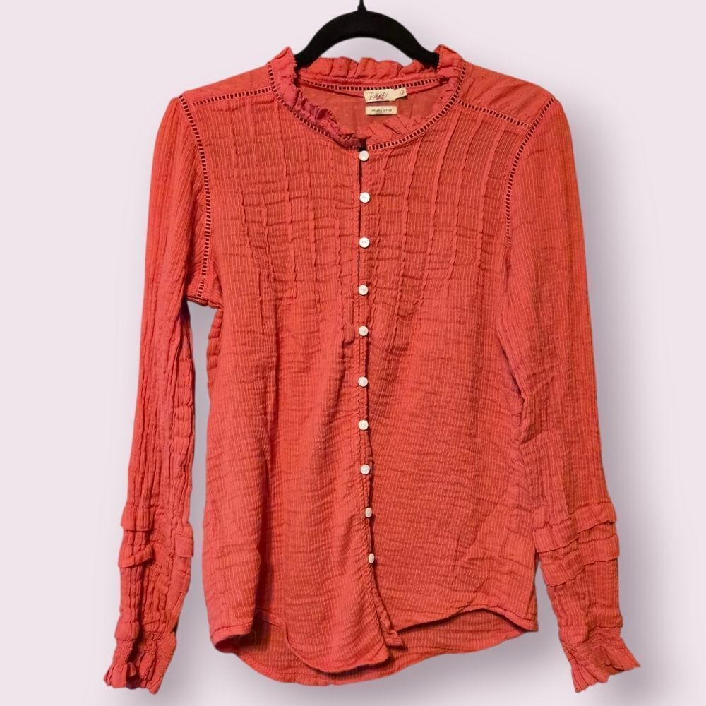 Faherty Willa Blouse Carmine Orange Organic Cotton Top Long Sleeve Blouse Size L